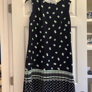 Sandra Darren, navy, pleated, polka dot, sleeveless dress. above knee